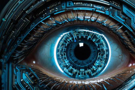 Close-up of human eye in cyberspace. Technology conceptの素材