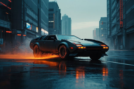 car driving on wet road in city at night. 3d renderingの素材