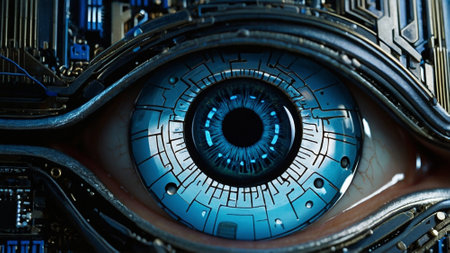 Close-up of the eye of a robot. 3D renderingの素材