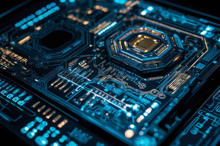 Electronic circuit board. Electronic computer hardware technology. Motherboard digital chip. Tech science background. Integrated communication processor. Information engineering componentの素材