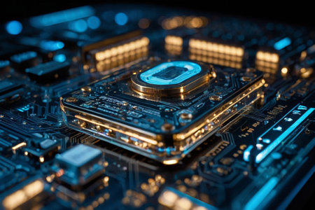 Close-up of electronic circuit board. Electronic computer hardware technology.の素材