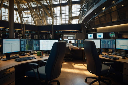 Side view of male security guard using computers in control room at airportの素材