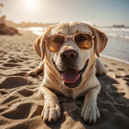 Labrador retriever dog wearing sunglasses on the beach at sunset.の素材