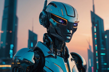 Close-up portrait of a robot in the city at sunset.の素材