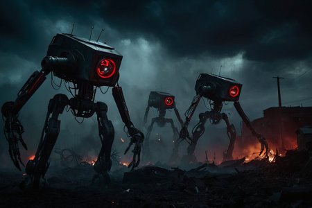 Creepy robot with burning tires on dark background. Halloween concept.の素材