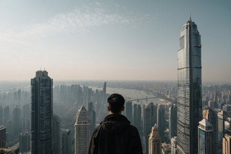 Man looking at skyscrapers in Dubai, United Arab Emirates.の素材