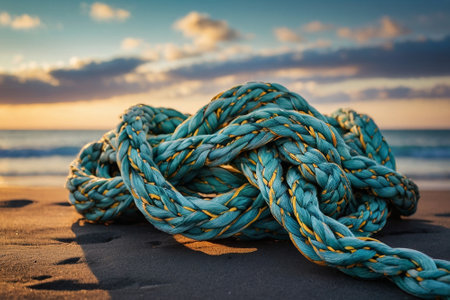 A closeup shot of a rope on the beach under a cloudy skyの素材