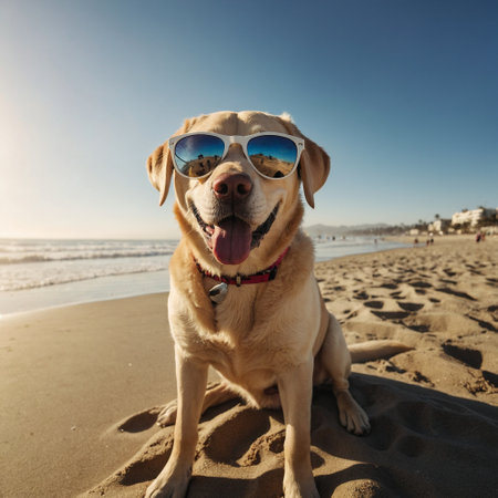 Labrador Retriever Dog on the Beach with Sunglasses.の素材