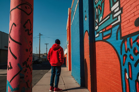 A boy in a red hoodie and blue jeans stands in front of a brick wall with graffiti.の素材