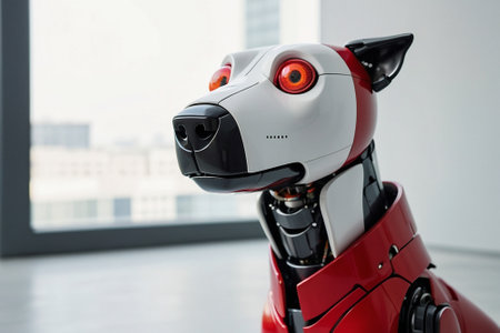 Robot toy in modern office interior, close up. Technology conceptの素材