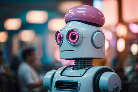 Robot looking at the camera in the shopping mall. Technology concept.の素材