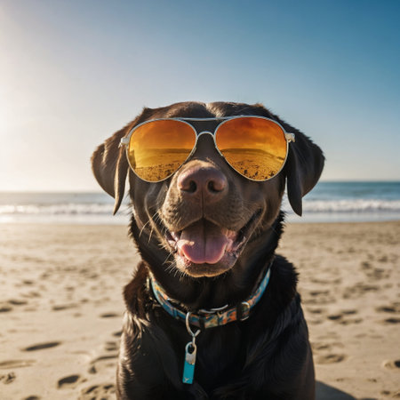 Labrador Retriever Dog Wearing Sunglasses on the Beachの素材