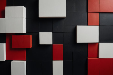 Red and black geometric tiles on the wall. Abstract background for design.の素材