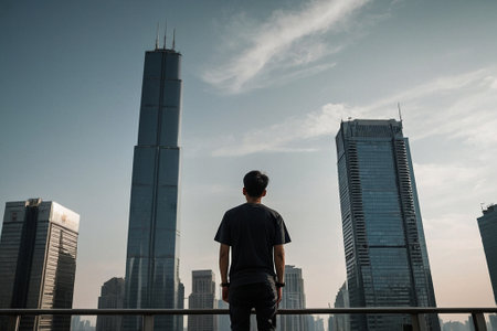 Man looking at skyscrapers in the city of Shanghai in Chinaの素材