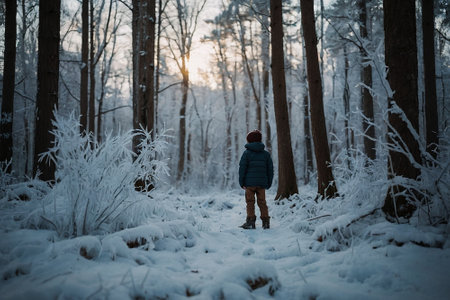 A boy in a blue jacket and a hat walks through the winter forest.の素材