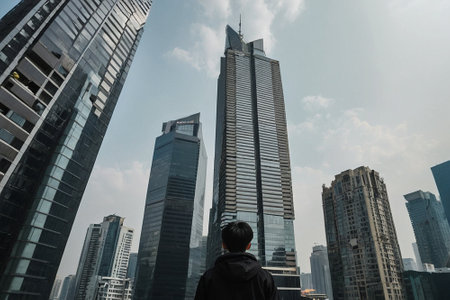 Man looking at skyscrapers in the city of Shenzhen, Chinaの素材