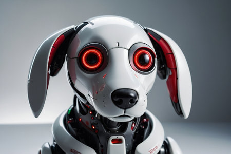Robot toy with red eyes on grey background.の素材