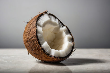 Half of ripe coconut on table against grey background. Space for textの素材