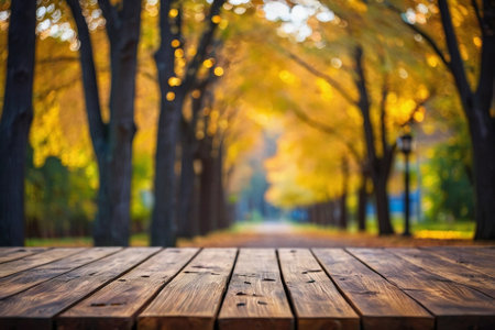Empty wooden table in front of blurred autumn background. Ready for product display montageの素材