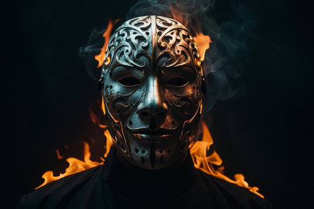 close-up portrait of a warrior with a mask in the fireの素材