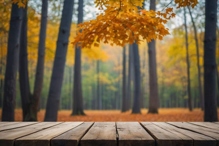 Empty wooden table for product display montages in autumn forest background.の素材