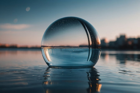 crystal ball on the water surface of the lake in the eveningの素材