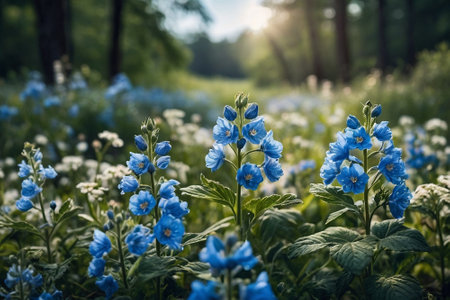 Beautiful blue flowers in the forest at sunset. Natural background.の素材