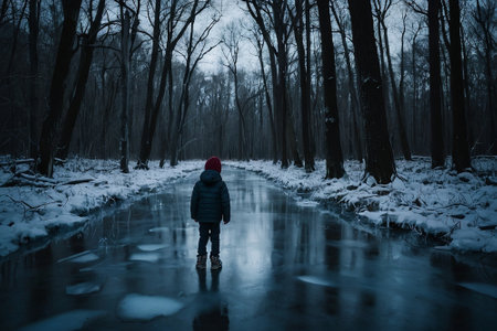 A boy in a winter jacket and hat walks along a frozen river.の素材