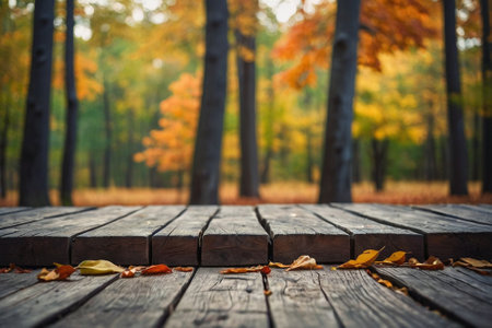 Wooden table in the autumn forest. Empty table for product display montages.の素材