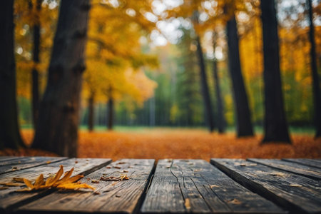 Wooden table in the autumn park. Selective focus. nature.の素材