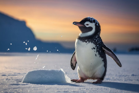 Gentoo penguin standing on the ice, Antarctic Peninsula, Antarcticaの素材