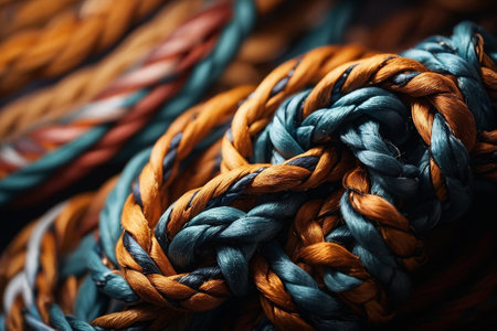 Colorful braided rope background. Selective focus. Toned.の素材