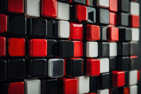 Abstract background of red and black cubes on black background. Selective focus.の素材