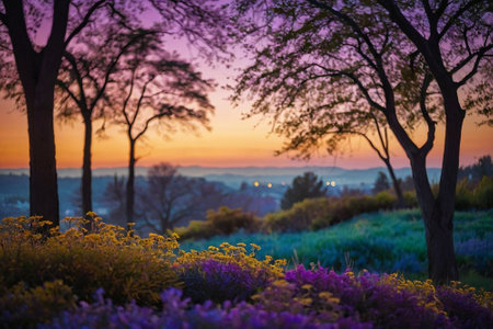 Beautiful sunset in the park with purple flowers and trees in the foregroundの素材