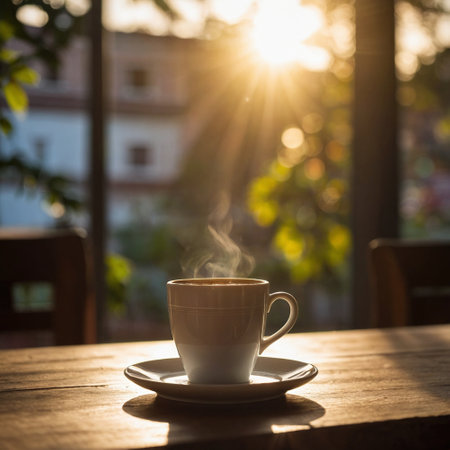 Coffee cup on wooden table in coffee shop with sun flareの素材