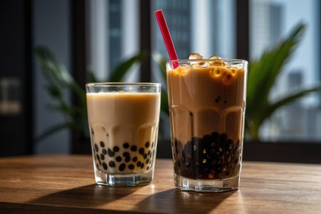 Iced Thai Milk Tea with Bubbles in Glass on Wooden Tableの素材