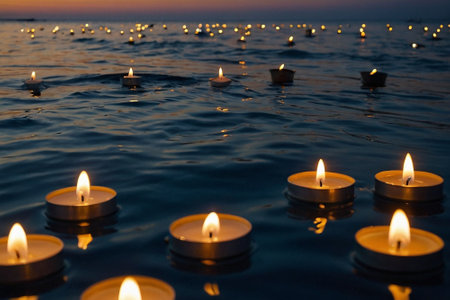 Burning candles in the water of the sea during the sunset.の素材