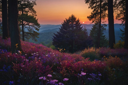 Sunset in the mountains with pink flowers in the foreground and trees on the backgroundの素材