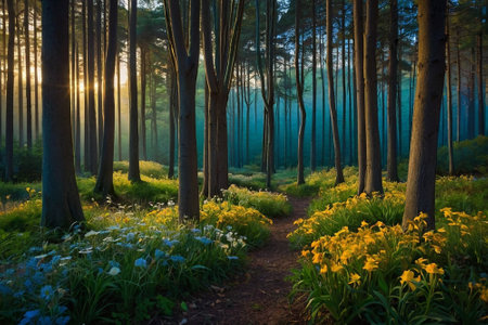 Beautiful sunset in the forest with a path through the trees and flowersの素材