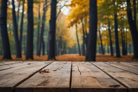 Wooden table in the autumn forest. Selective focus. nature.の素材