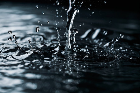 splashes and drops of water on a black background macro close upの素材