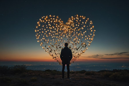 Man looking at the starry sky in the shape of a heartの素材