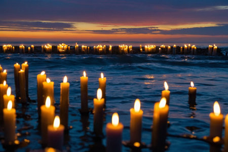 Burning candles in the sea on a background of the sunset.の素材