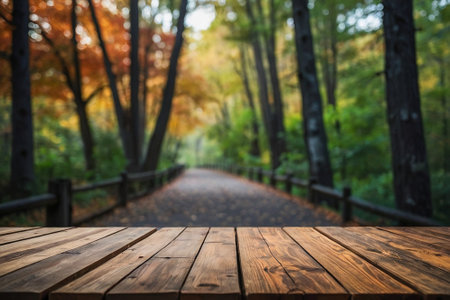 Wooden board empty table on blurred autumn forest background. Ready for product display montageの素材