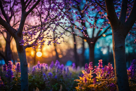 Sunset in the park with purple flowers in the foreground and trees in the backgroundの素材