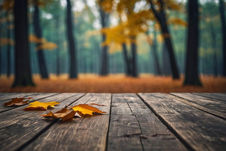 Autumn leaves on a wooden table with blurred background. Autumn concept.の素材