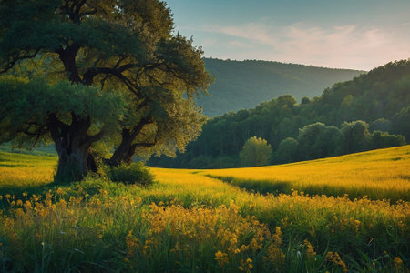 Beautiful landscape with old oak tree and yellow flowers in the field.の素材