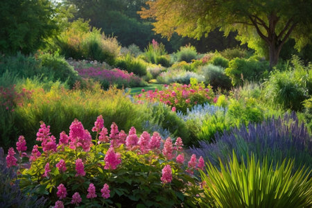 Beautiful flower garden in the morning light. Spring landscape with flowers.の素材