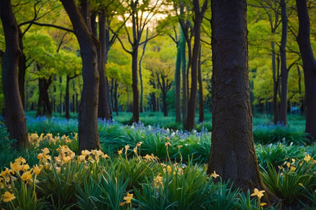 Bluebells and daffodils in a park in Springの素材