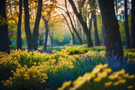 Sunset in the spring forest with daffodils and hyacinthsの素材